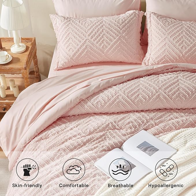 Zzlpp King Comforter Set 7 Pieces, Pink Tufted Bed in a Bag with Comforter and Sheets, All Season Boho Bedding Sets with 1 Comforter, 2 Pillow Shams, 2 Pillowcases, 1 Flat Sheet, 1 Fitted Sheet