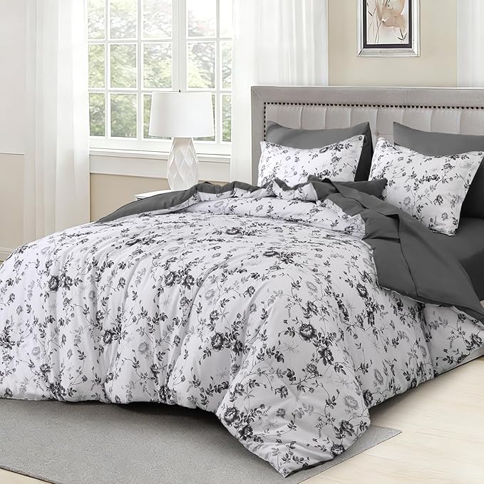 Luxudecor Floral King Comforter Set 7 Pieces Bed in a Bag, Black Rose Romantic Flower Bed Set, Soft Reversible Comforter with Sheet Set 104"x90"
