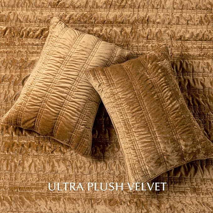 EVERGRACE Luxury Ruched Velvet Quilt Queen Size, Ultra Soft Bedspread Coverlet Set, Lightweight Velvet Comforter, Quilted Bedding Cover with 2 Matching Shams for All Season, Gold Yellow