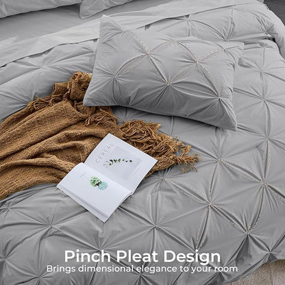 Sasttie California King Comforter Set, 7-Piece Bed in a Bag, Pintuck Bedding Sets for All Season, Includes Comforter, Flat Sheet, Fitted Sheet, Pillowcases and Pillowshams, Light Grey