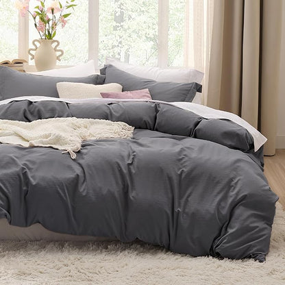 Bedsure Dark Grey Oversized Queen Duvet Cover - 3 Pieces Prewashed Cotton-Like Polyester Extra Soft Bedding Set, Includes 1 Duvet Cover 98x98 Inches with Zipper Closure & 2 Pillow Shams, No Comforter