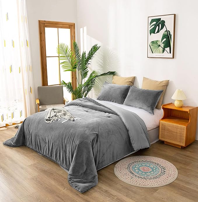 Houseri Grey Velvet Comforter Set Twin Fluffy Flannel Furry Bedding Sets Kids Fuzzy Comforter Plain Grey Sherpa Bedding Comforters Sets Twin