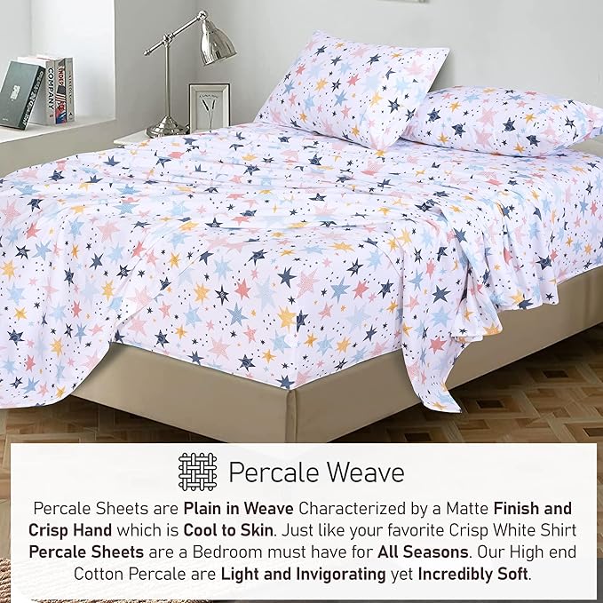 RUVANTI 100% Cotton Sheets – Queen Size Percale Bedding, Cooling & Breathable Floral Design, Durable with a Crisp, Soft & Comfortable Feel, 16" Deep Pocket, 4-Piece Set, Fault Star