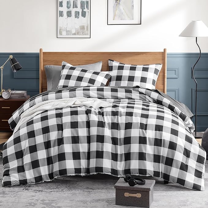 Andency Black Plaid Comforter Set Queen Size (90x90 Inch), 3 Pieces (1 Gingham Comforter & 2 Pillowcases), Summer Lightweight Microfiber Buffalo Check Down Alternative Comforter Set, Black/Grey/White