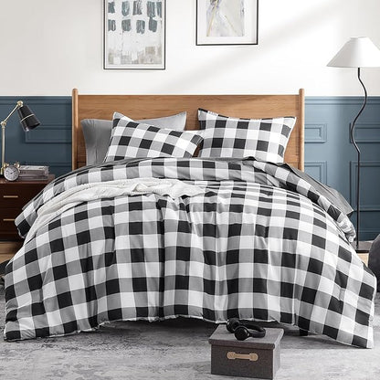 Andency Black Plaid Comforter Set Queen Size (90x90 Inch), 3 Pieces (1 Gingham Comforter & 2 Pillowcases), Summer Lightweight Microfiber Buffalo Check Down Alternative Comforter Set, Black/Grey/White