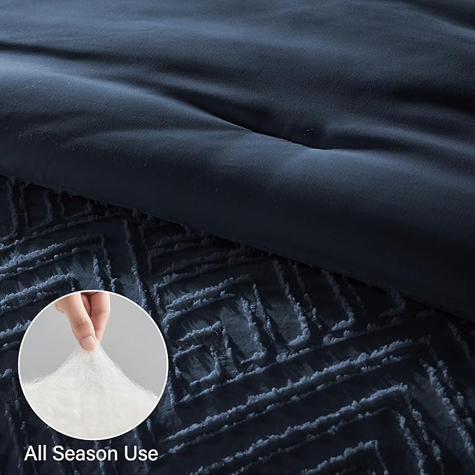 Zzlpp Full Comforter Set 7 Pieces, Navy Blue Tufted Bed in a Bag with Comforter and Sheets, All Season Boho Bedding Sets with Comforter, 2 Pillow Shams, 2 Pillowcases, 1 Flat Sheet, 1 Fitted Sheet
