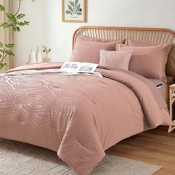 Geniospin King Size Comforter Set - 7 Pieces Dusty Pink Bedding Set, Botanical Textured Comforter Bed Set, All Season Lightweight Bed in a Bag with Comforter, Sheets, Pillowcases & Shams