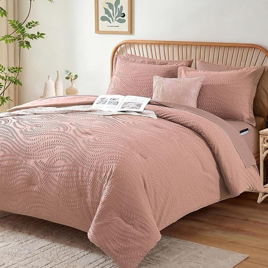 Geniospin King Size Comforter Set - 7 Pieces Dusty Pink Bedding Set, Botanical Textured Comforter Bed Set, All Season Lightweight Bed in a Bag with Comforter, Sheets, Pillowcases & Shams