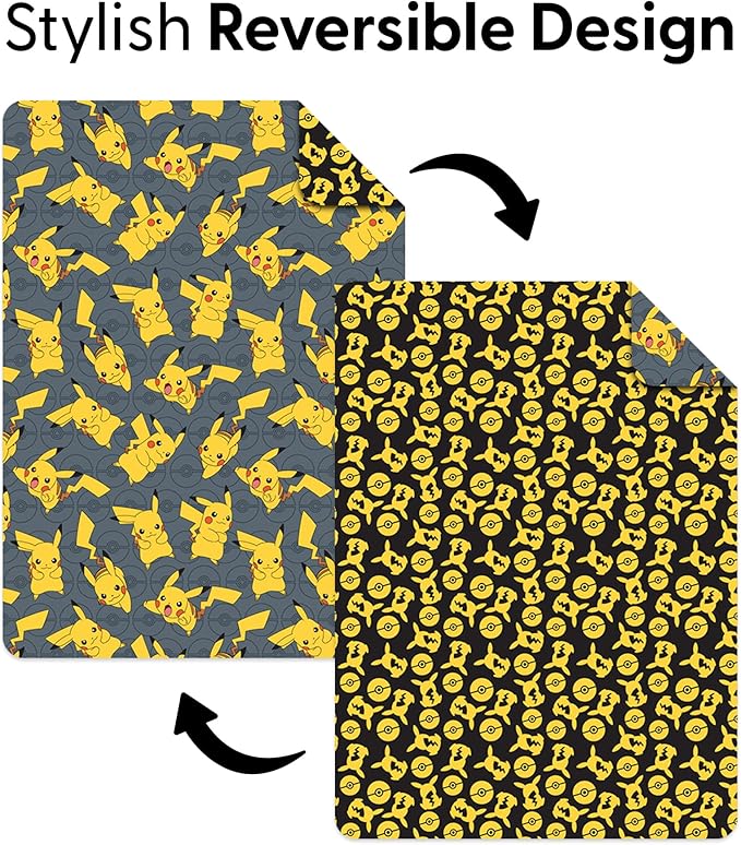 Northwest Pokemon Company Reversible Twin Quilted Blanket - Pikachu & Pokeball Pattern for Anime Fans, Cozy Blanket for Bed, Game Room or Couch, 60x90 inches