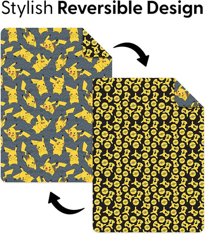 Northwest Pokemon Company Reversible Twin Quilted Blanket - Pikachu & Pokeball Pattern for Anime Fans, Cozy Blanket for Bed, Game Room or Couch, 60x90 inches