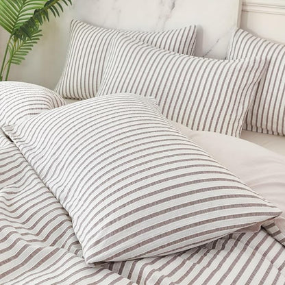 Grey Comforter Set King Soft Luxury Washed Microfiber Jacquard 3 Pieces Bedding, White Grey Vertical Ticking Stripes Pattern Comforter with 2 Pillowcases Breathable Durable Comfy
