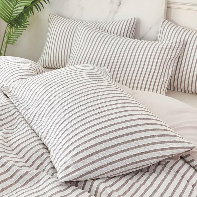 Luxury Grey Comforter Set Queen - Washed Microfiber 3 Pieces Jacquard Bedding, White & Grey Vertical Ticking Stripes Pattern Comforter with 2 Pillowcases, Soft Breathable Durable Comfy