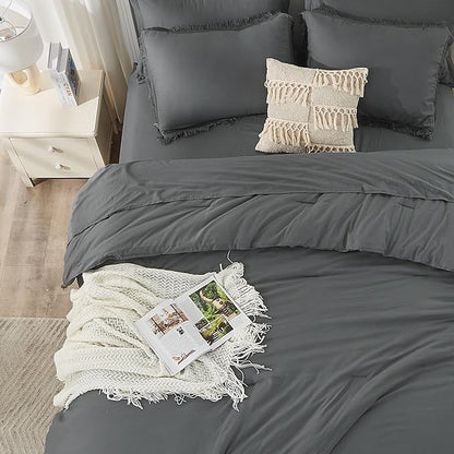 Andency Dark Grey King Size Comforter Set with Sheets - 7 Pieces Boho Tassel Bed in a Bag Soft Lightweight Bedding Sets, Dark Grey Fringe Bed Set with Comforter, Sheets, Pillowcases & Shams