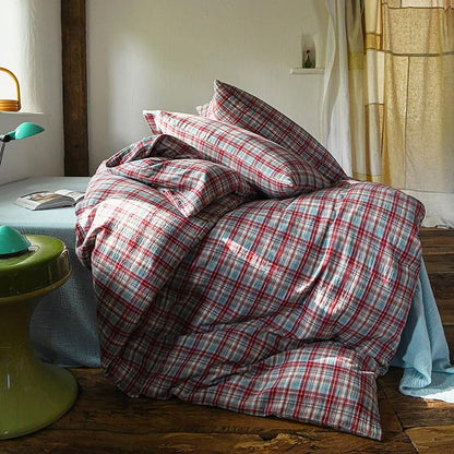 EAVD Vintage Style Red&Blue Gingham Duvet Cover Queen Soft 100% Cotton Muslin Yarn-Dyed Textured Retro Grid Plaid Bedding Set Reversible British-Style Gingham Bedding Set with Zipper Closure