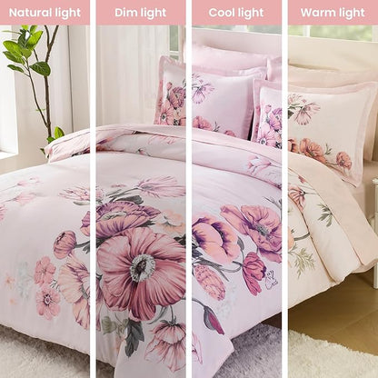 King Size Comforter Set - 7 Pieces Floral Comforter and Sheet Set, Pink King Size Bed in a Bag, Soft Microfiber Flower Complete Bedding Set for All Seasons（Pink,104"x90"）