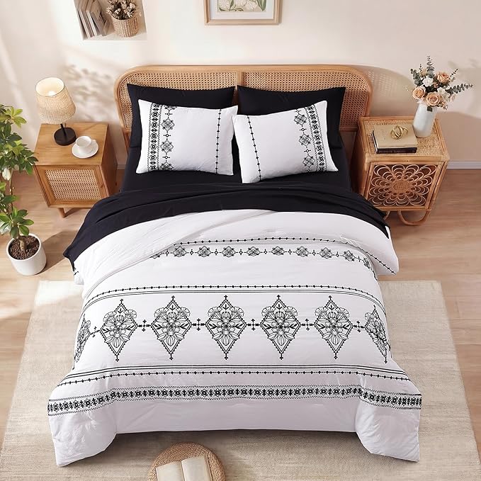 MaiRêve Queen Size Comforter Set Frost White, Embroidery Floral Western Boho Bedding Set, All Season 7 Pieces Bed in a Bag with Sheets, Pillowcases & Shams