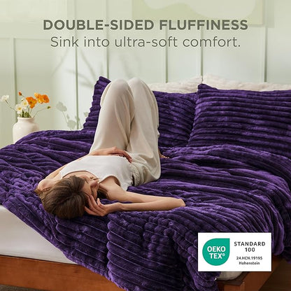 Bedsure Comforter Set Queen Size - GentleSoft™ 3 Pieces Double-Side Fleece Fluffy Purple Comforter Set, Cozy Striped Room Decor Aesthetic, Luxury Bedding Queen Size, 2 Pillowcases, 90x90 Inches