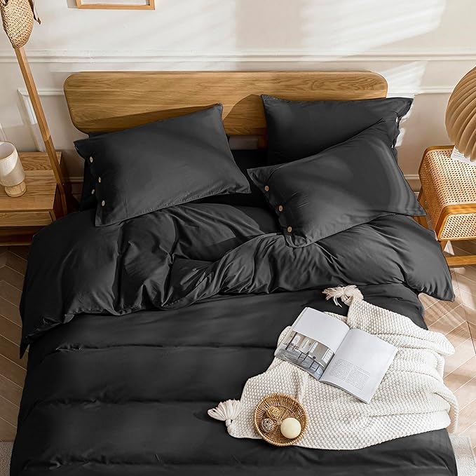 JELLYMONI Cotton Duvet Cover Cal King Size - Pure Black Comforter Cover with Button 100% Washed Cotton 3PCS Breathable Soft Solid Bedding Set Duvet Cover 104×98in & 2 Pillowcases (NO Comforter)