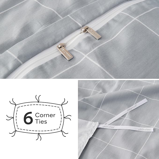 JELLYMONI 100% Natural Cotton 2pcs Plaid Duvet Cover Sets, Checkered Twin Comforter Cover, 1 Duvet Cover and 1 Pillow Case with Zipper Closure & Corner Ties, Light Grey