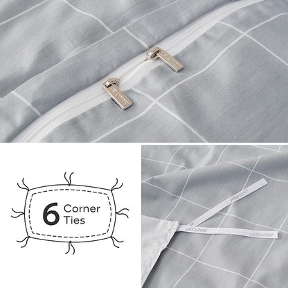 JELLYMONI 100% Natural Cotton 2pcs Plaid Duvet Cover Sets, Checkered Twin Comforter Cover, 1 Duvet Cover and 1 Pillow Case with Zipper Closure & Corner Ties, Light Grey