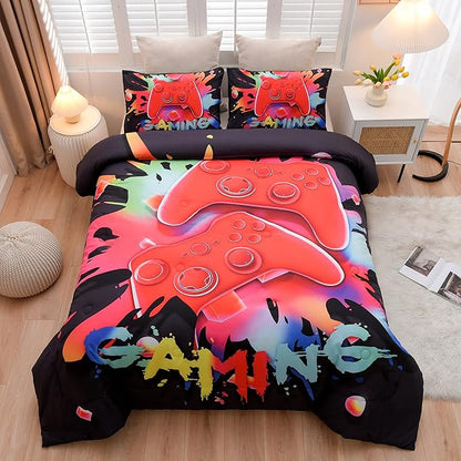 Aimuan Gaming Comforter Sets for Boys Kids Bedding Sets Video Games Console Action Buttons Novelty Colorful Game Gamepad Controller Modern Gamer Room Decor Home Quilt Set (Twin, Black)