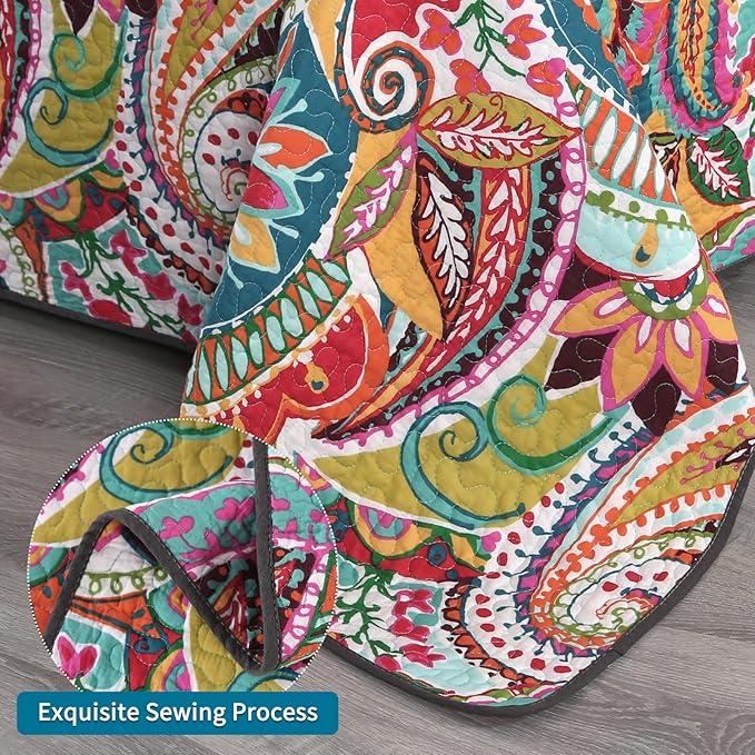 Qucover Cotton Quilt Set, Queen Size, Multicolor Paisley, Boho Style, Soft Lightweight Coverlet with 2 Pillow Shams, 90x98 Inches