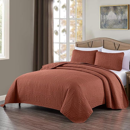 Chezmoi Collection Austin King Bedspread Set 3-Piece Pinsonic Quilted Oversized Bedspread Coverlet Set, King, Terracotta | Oversized, Lightweight, Fade Resistant