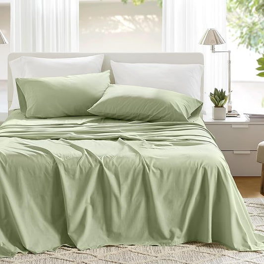 Comfort Spaces 100% Cotton Sheets Cal King, Breathable & Soft Cotton Sheets, Naturally Cool Cotton Bed Sheets with 14" Elastic Pocket Fits up to 16" Mattress, All Seasons Sheet Set, Sage Green 4 Piece