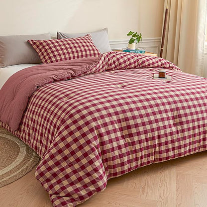 Cyusri Cotton Plaid King Comforter Set - Soft Lightweight Bedding 3 Pieces Dyed Bed Set with 2 Pillow Shams,Reversible All Season Farmhouse Down Alternative(King Size 104"x90" Retro Red)