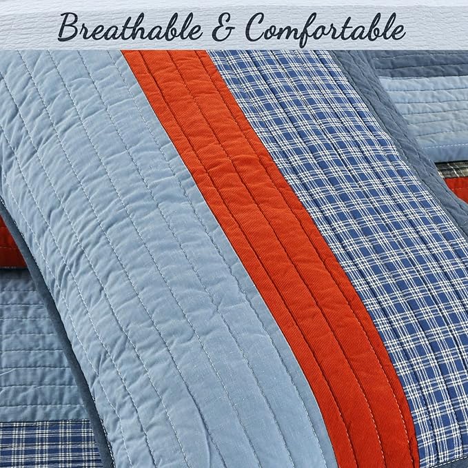 Cozy Line Home Fashions Sailor Navy Striped 100% Cotton Reversible Bedding Quilt Set, Coverlet Bedspread for Boys Kids (Navy/Red, Twin - 2 Piece)