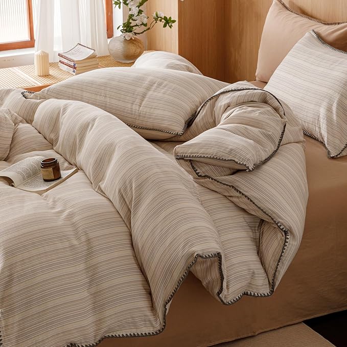 VM VOUGEMARKET 100% Linen Cotton Duvet Cover Set Queen 3pcs Yarn Dyed Vertical Pinstripe Ticking Pattern Breathable Farmhouse Bedding Set - Purple Yellow Stripe, Queen Size
