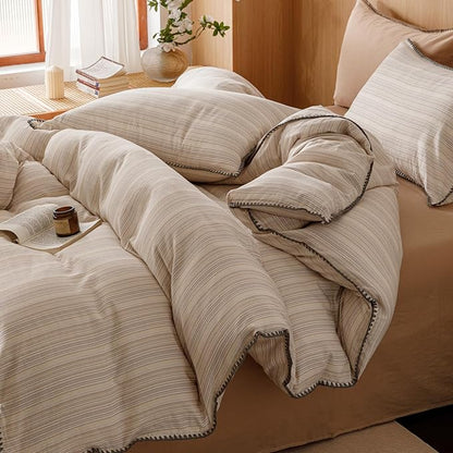 VM VOUGEMARKET 100% Linen Cotton Duvet Cover Set Queen 3pcs Yarn Dyed Vertical Pinstripe Ticking Pattern Breathable Farmhouse Bedding Set - Purple Yellow Stripe, Queen Size