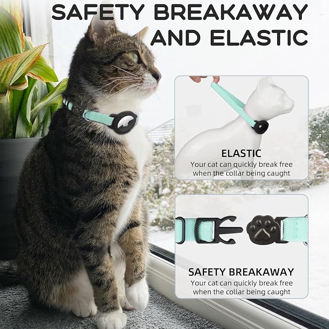 AirTag Cat Collars, Stretchy Collar with AirTag Holder and Bell | Breakaway - Ultra Design Elastic - GPS Tracking Collars - Adjustable Size for Cats & Puppies 7.5-12.5" - (Green)