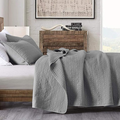 HORIMOTE HOME Quilt Set Twin Size Grey, Classic Geometric Spots Stitched Pattern, Pre-Washed Microfiber Chic Rustic Look, Ultra Soft Lightweight Quilted Bedspread for All Season, 2 Pieces