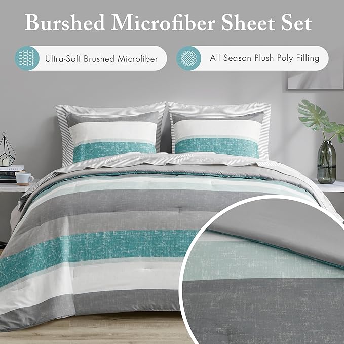 Madison Park Essentials Twin Comforter Set, Bed in A Bag Comforter & Sheet Set, Modern Casual Stripes Print, All Seasons, Soft Microfiber Bedding Makeover, Matching Shams, Twin Aqua/Grey 5 Piece