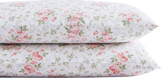 Laura Ashley Home - Standard Pillowcase Set, Cotton Sateen Bedding, Smooth & Wrinkle-Resistant (Lilian Coral, 2 Piece)