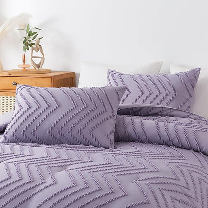 Andency Purple Comforter Set King Size, Boho Girls Women Lavender Soft Fluffy Warm Lightweight Bedding Comforter Sets for King Bed, 3 Pieces Chevron Tufted Aesthetic Microfiber Comforter Set