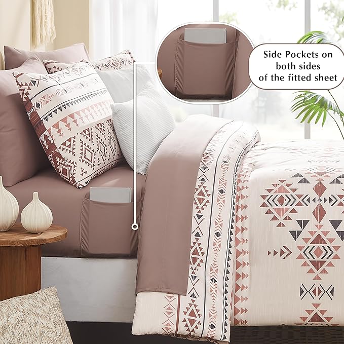 Geniospin Queen Comforter Set - 7 Pieces Reversible Bedding Set, Boho Bed in A Bag, Lightweight Soft Aztec Bedding, All Season Bed Comforter Set with Sheets, Pillowcases & Shams