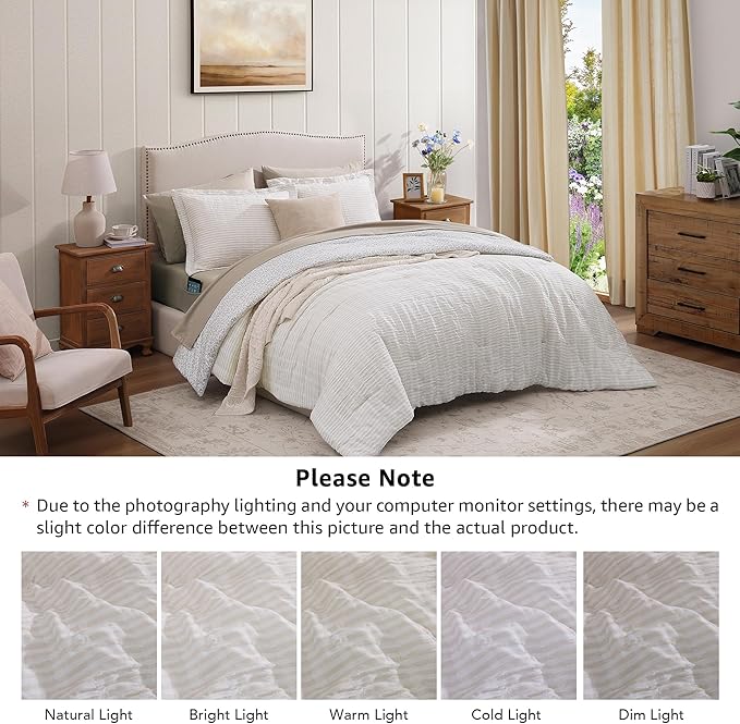 Queen Comforter Set - 7 Pieces Beige Gauze Muslin Bedding Sets for All Seasons, Lightweight Breathable Bed in a Bag Queen with Revesible Farmhouse Comforter, Sheets, Pillowcases & Shams