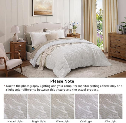 Queen Comforter Set - 7 Pieces Beige Gauze Muslin Bedding Sets for All Seasons, Lightweight Breathable Bed in a Bag Queen with Revesible Farmhouse Comforter, Sheets, Pillowcases & Shams