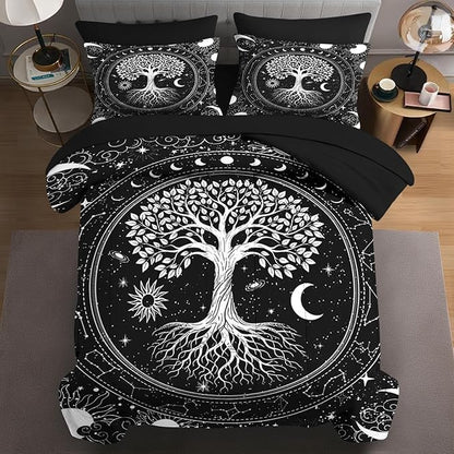 7 Pcs King Size Comforter Set with 2 Pillowcases & 2 Shams, Sun and Moon Black Gothic Bedding for Kids and Adults, Nature Tree of Life Bed in a Bag with Flat Fitted Sheet