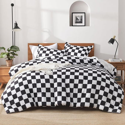 Andency Checkered Comforter Full(79x90Inch), Black White Plaid Gingham Buffalo Grid Bed Set for Boys Kids Teens, 3 Pieces Lightweight Polyester Geometric Preppy Bedding