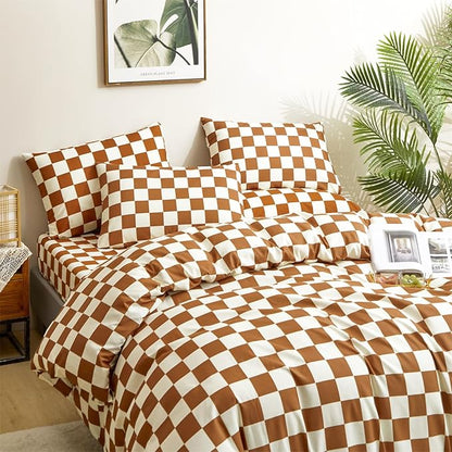 CLOTHKNOW Brown Plaid Full Size Comforter Set 3Pcs Grid Bedding Comforter Sets Soft Checker Comforter with 2 x Pillow Cases Soft Lightweight