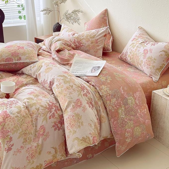 VM VOUGEMARKET Vintage Floral Double Gauze Duvet Cover Set Queen – Blush Peach Jacquard, Reversible Breathable Cotton Bedding, Rustic Pastoral Style for Cozy Family Bedrooms