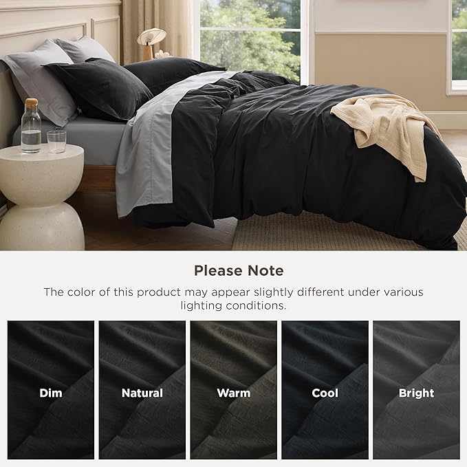 Bedsure 100% Washed Cotton Duvet Cover Queen Size - Black Minimalist Bedding Set Linen Like - PureWoven Plain Simple & Soft Comforter Cover for All Seasons (Black, Queen, 90"x90")