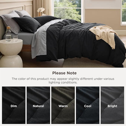 Bedsure 100% Washed Cotton Duvet Cover Queen Size - Black Minimalist Bedding Set Linen Like - PureWoven Plain Simple & Soft Comforter Cover for All Seasons (Black, Queen, 90"x90")