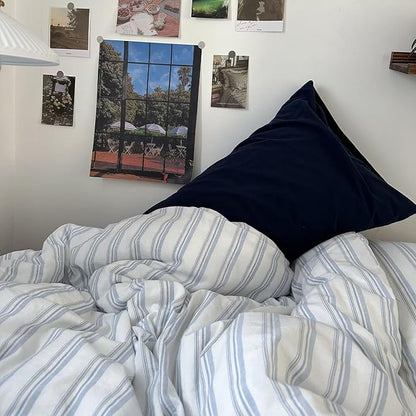 MKXI Full Size Duvet Cover Set - 100% Washed Cotton Blue & White Striped Bedding, Soft & Breathable 3-Piece Set with Zipper Closure & Corner Ties, Modern Coastal Vintage Style