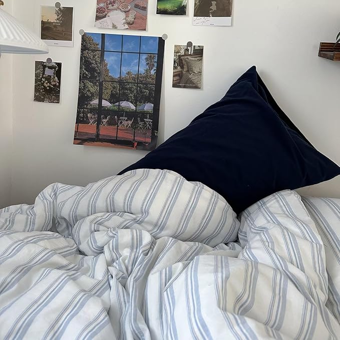 MKXI Twin Size Duvet Cover Set - 100% Washed Cotton Blue & White Striped Bedding, Soft & Breathable 3-Piece Set with Zipper Closure & Corner Ties, Modern Coastal Vintage Style