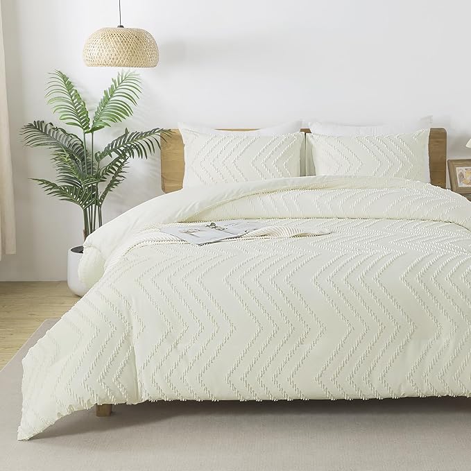 Andency Ivory Comforter Set King Size, Boho Soft Warm Tufted Bedding Comforter Sets for King Size Bed, 3 Pieces Aesthetic Chevron Farmhouse Cute Bohemian Textured Bedding Set