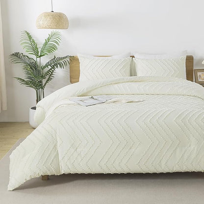 Andency Ivory Comforter Set Queen Size, Boho Soft Warm Tufted Bedding Comforter Sets for Queen Size Bed, 3 Pieces Aesthetic Chevron Farmhouse Cute Bohemian Textured Bed Set